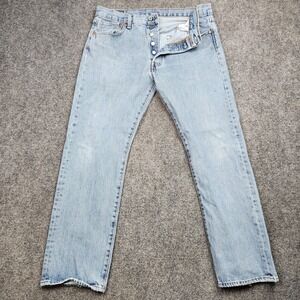 Levis 501 Jeans Mens 33x28 Light Wash Blue Button Fly Straight Denim Distressed